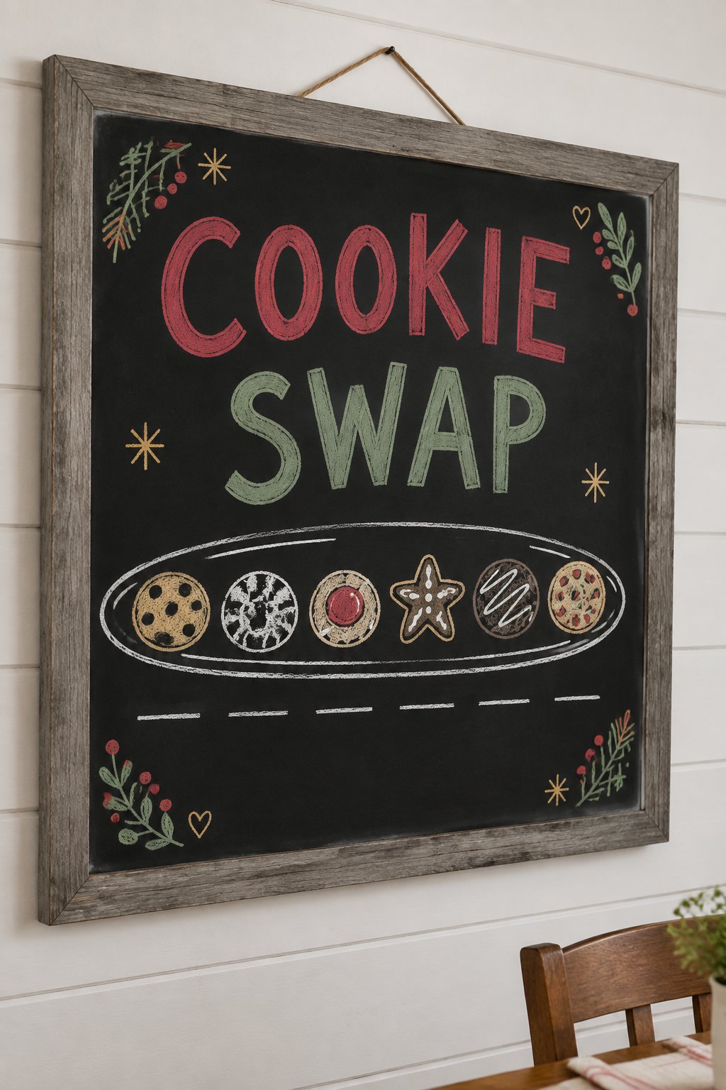 Cookie Exchange Board: a hand-drawn christmas chalkboard sign reading "COOKIE SWAP".