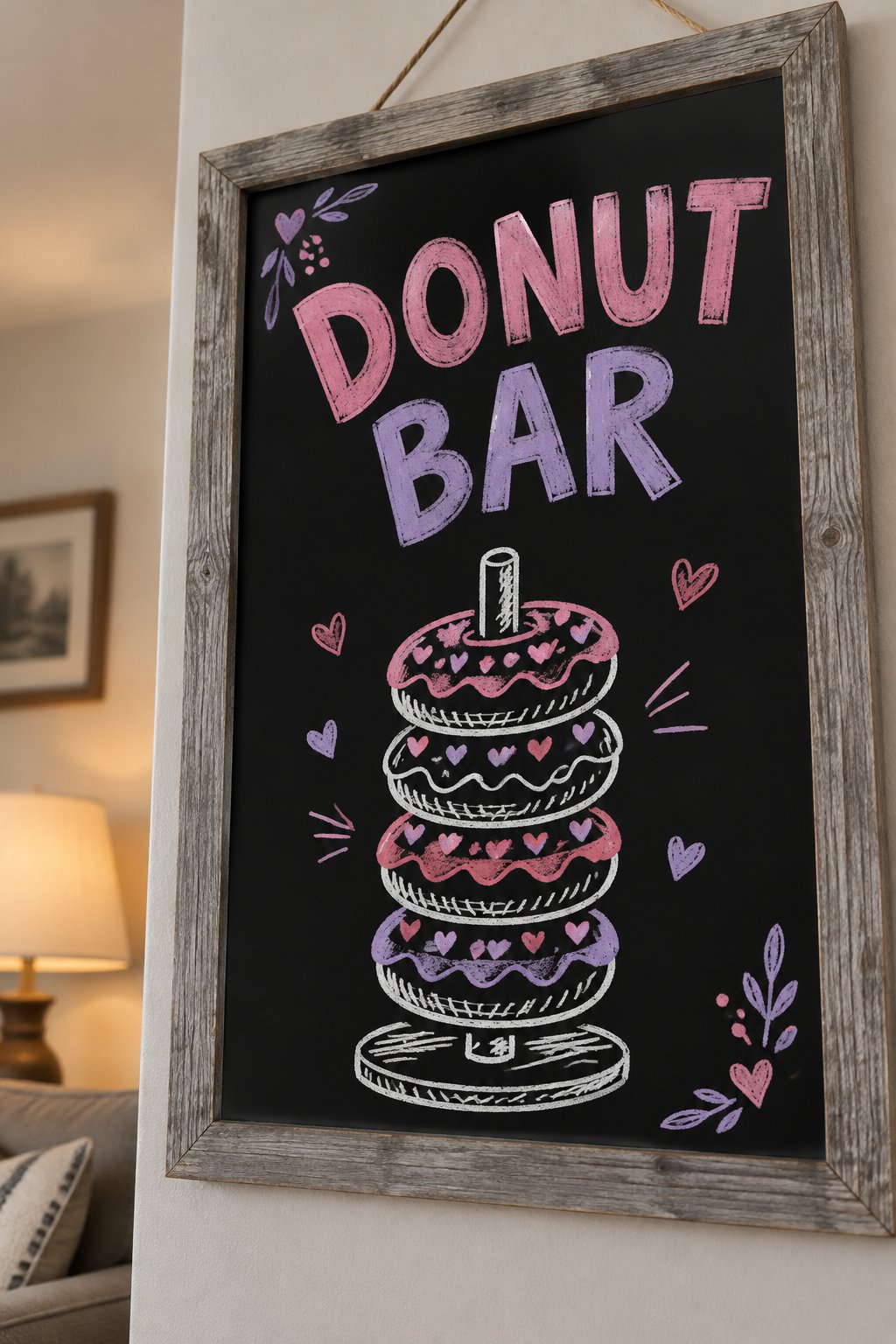 Donut Bar: a hand-drawn valentines chalkboard sign reading "DONUT BAR".