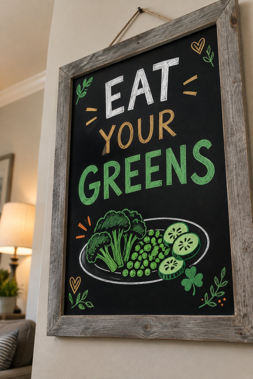 Green Veggie Plate: a hand-drawn stpatricks chalkboard sign reading "EAT YOUR GREENS".