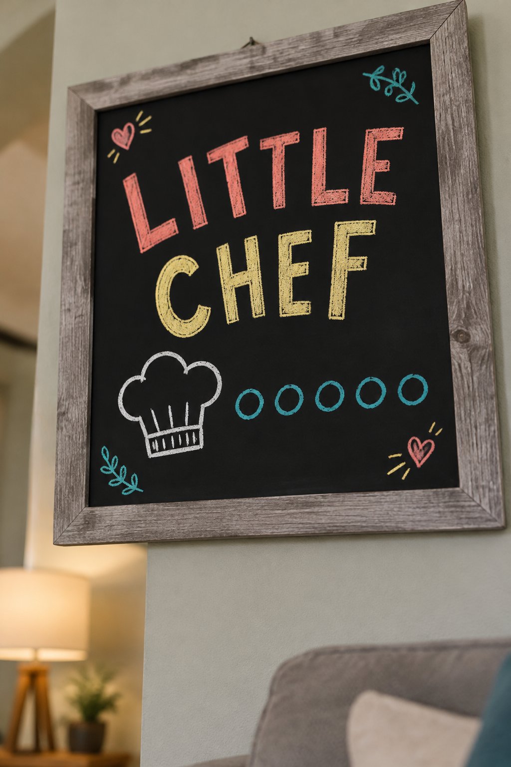 Kitchen Helper: a hand-drawn spring chalkboard sign reading "LITTLE CHEF".