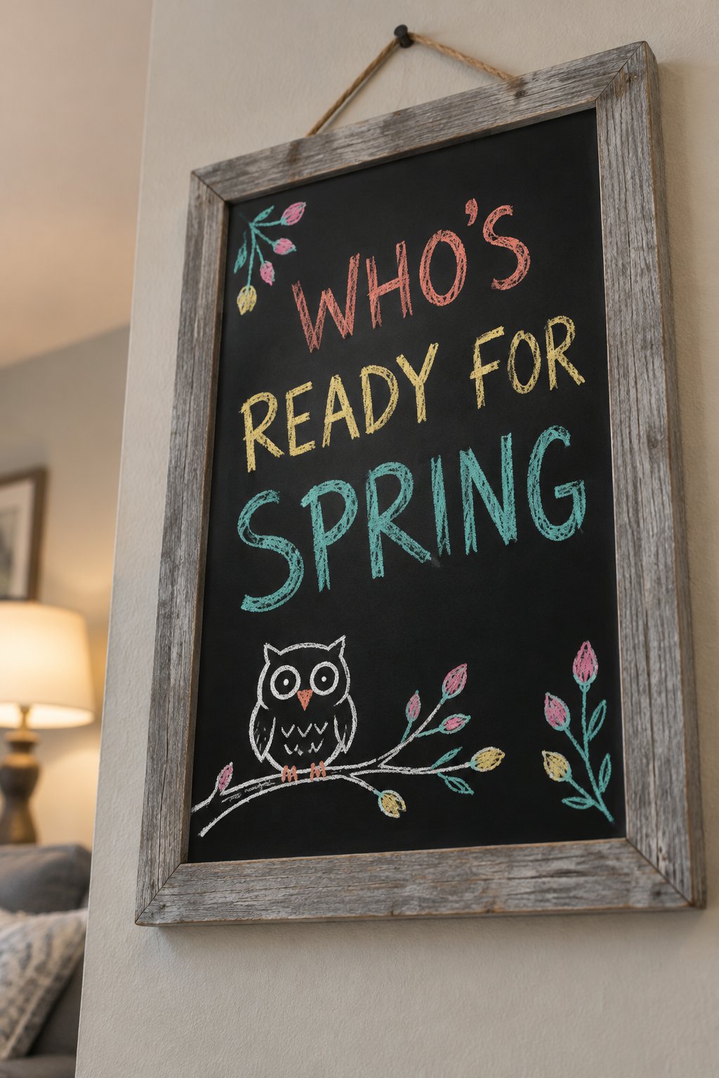 Little Owl: a hand-drawn spring chalkboard sign reading "WHO'S READY FOR SPRING".