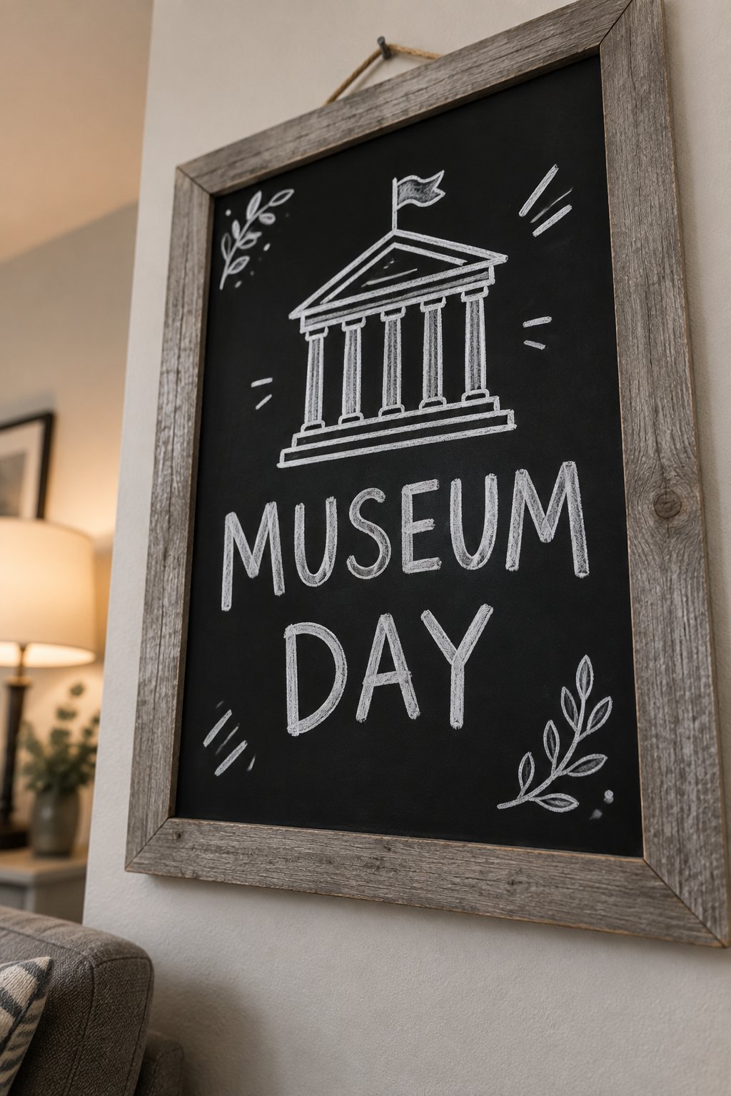 Museum Day: a hand-drawn winter chalkboard sign reading "MUSEUM DAY".