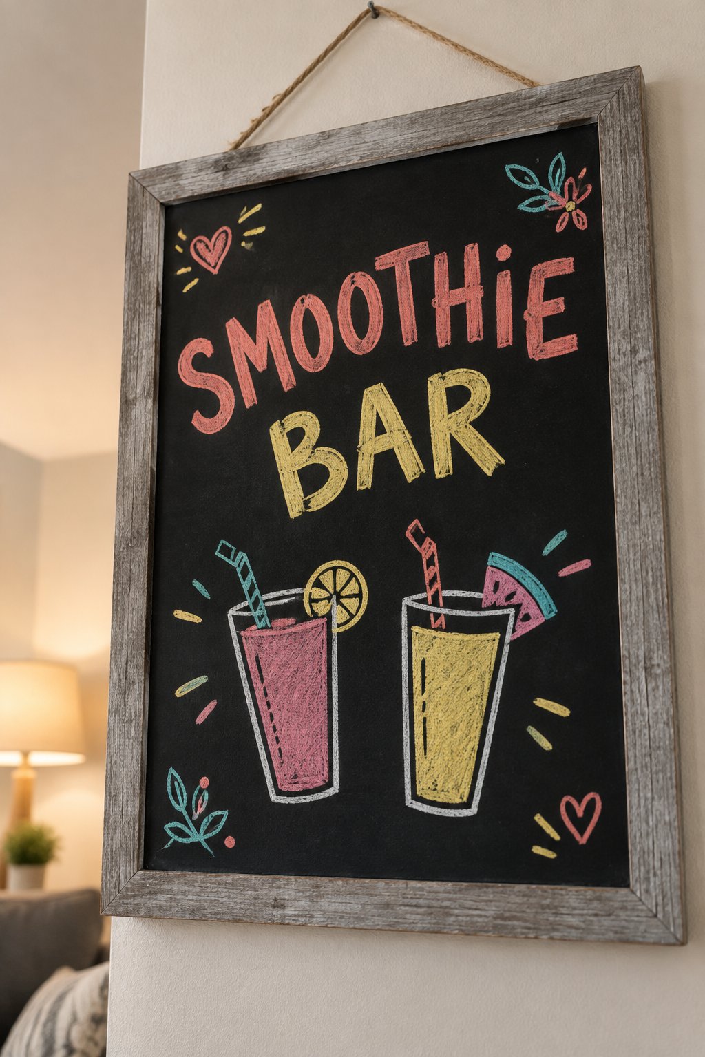 Smoothie Bar: a hand-drawn spring chalkboard sign reading "SMOOTHIE BAR".