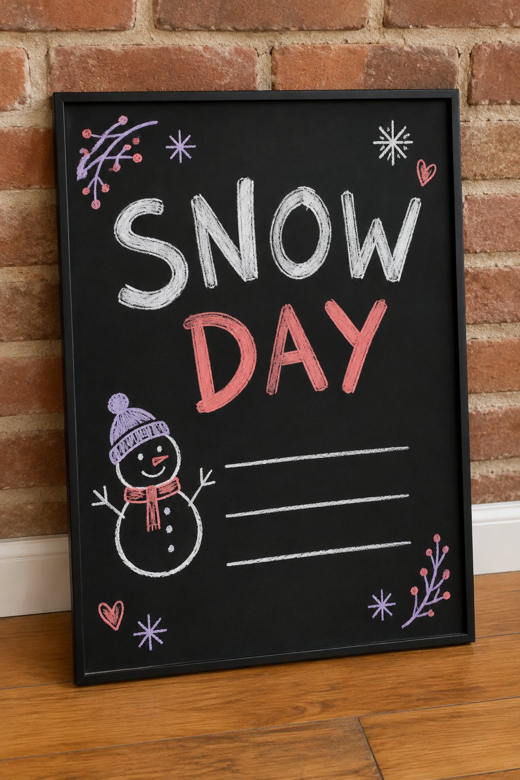 Snow Day Plan: a hand-drawn valentines chalkboard sign reading "SNOW DAY".