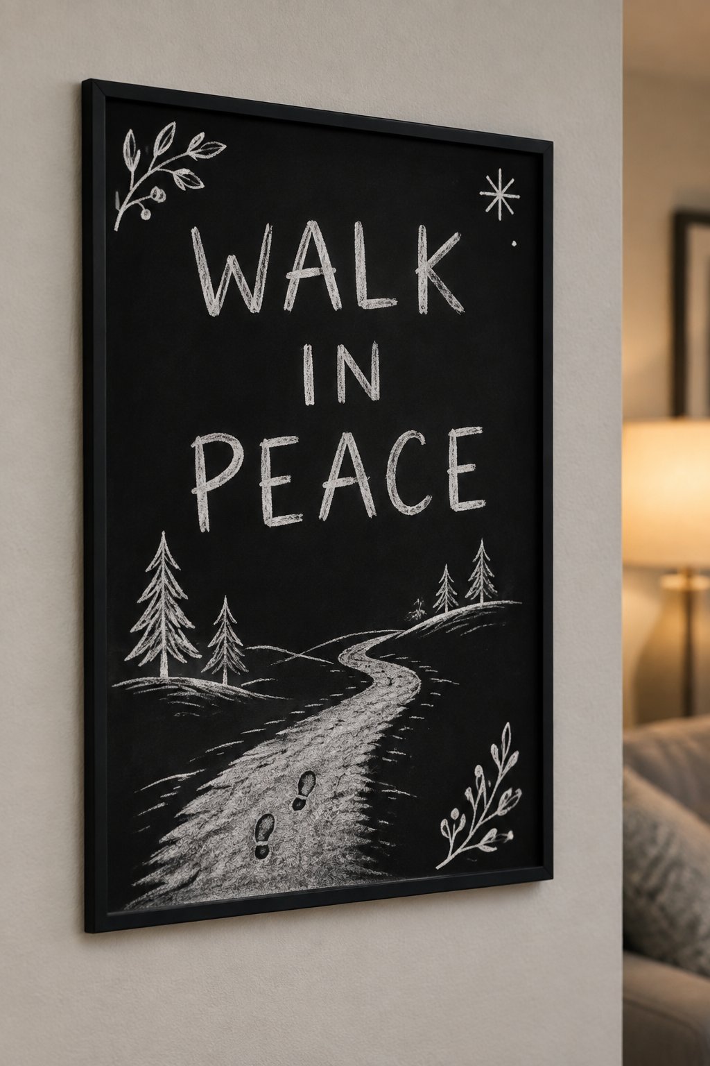 Walk in Peace: a hand-drawn winter chalkboard sign reading "WALK IN PEACE".