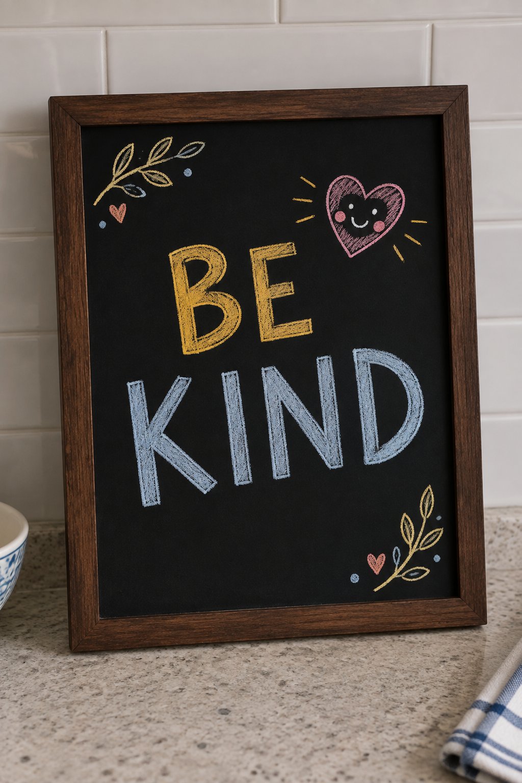 Year of Kindness: a hand-drawn newyear chalkboard sign reading "BE KIND".