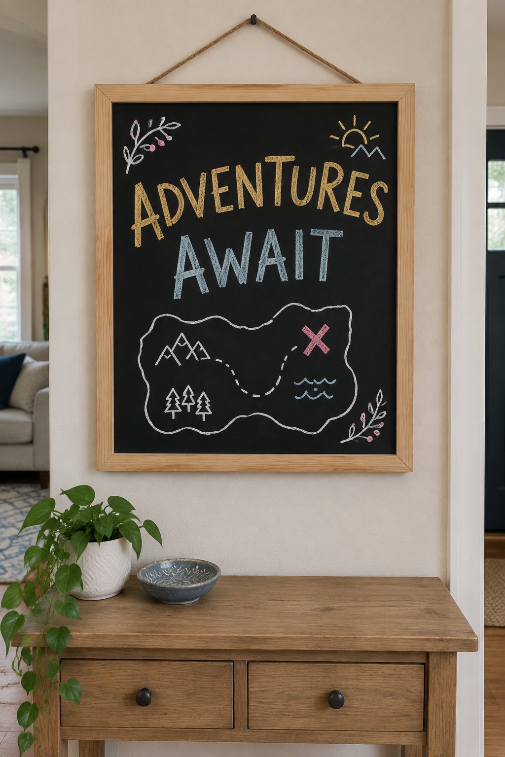 Adventure Map: a hand-drawn newyear chalkboard sign reading "ADVENTURES AWAIT".