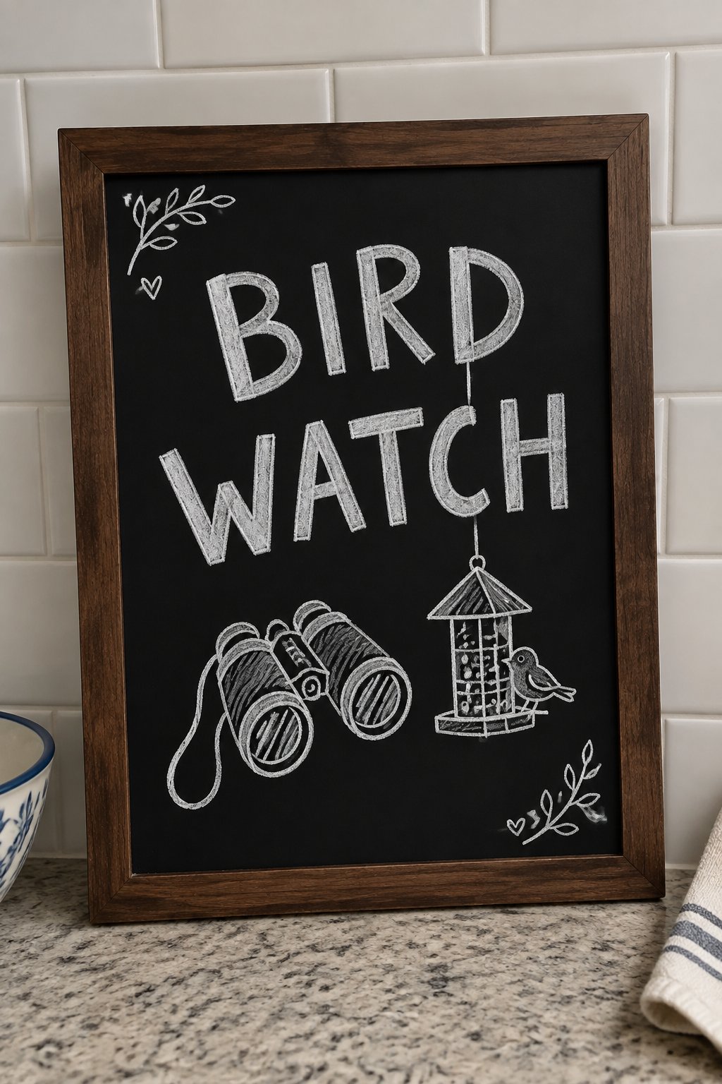 Bird Watching: a hand-drawn winter chalkboard sign reading "BIRD WATCH".