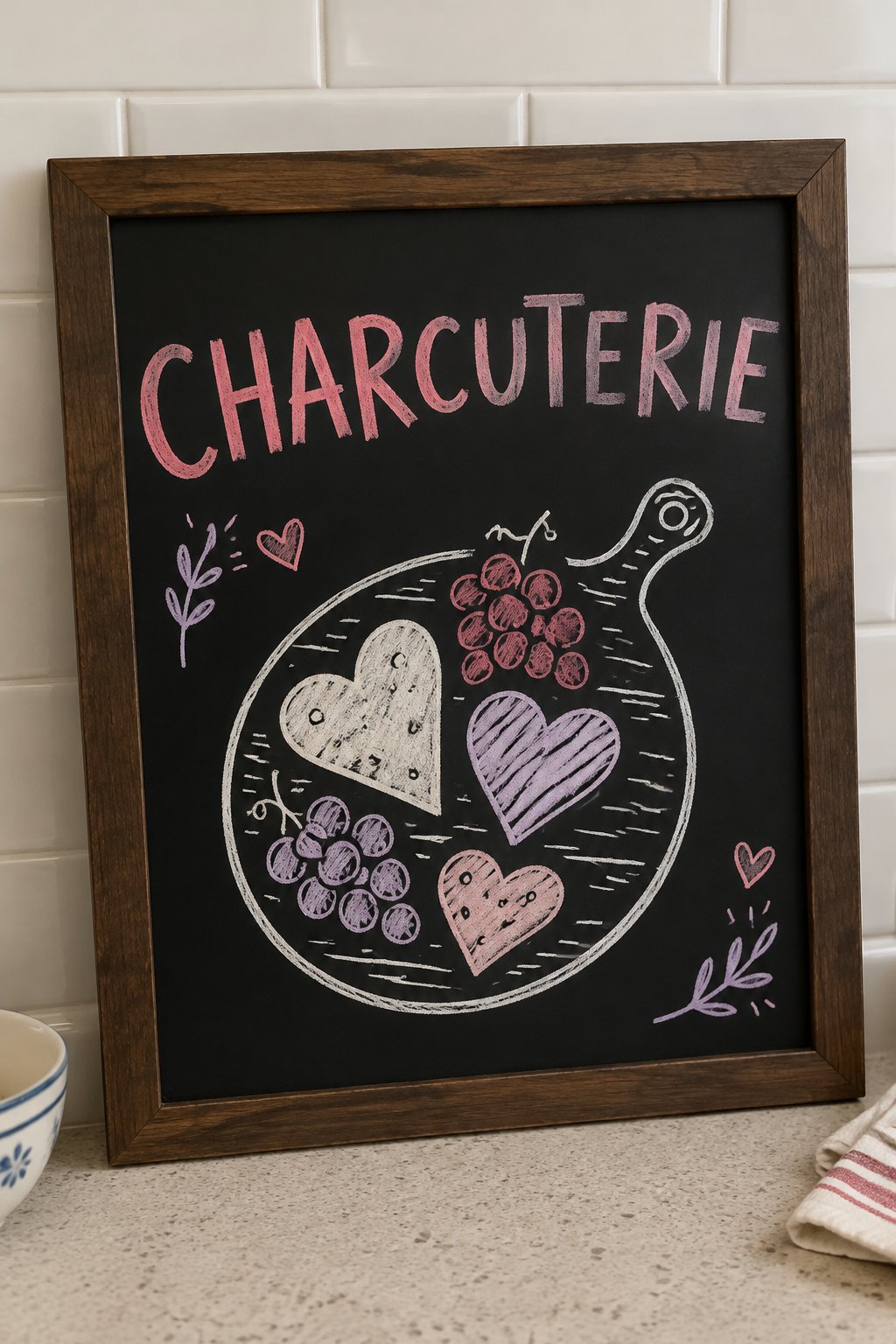 Charcuterie Board: a hand-drawn valentines chalkboard sign reading "CHARCUTERIE".