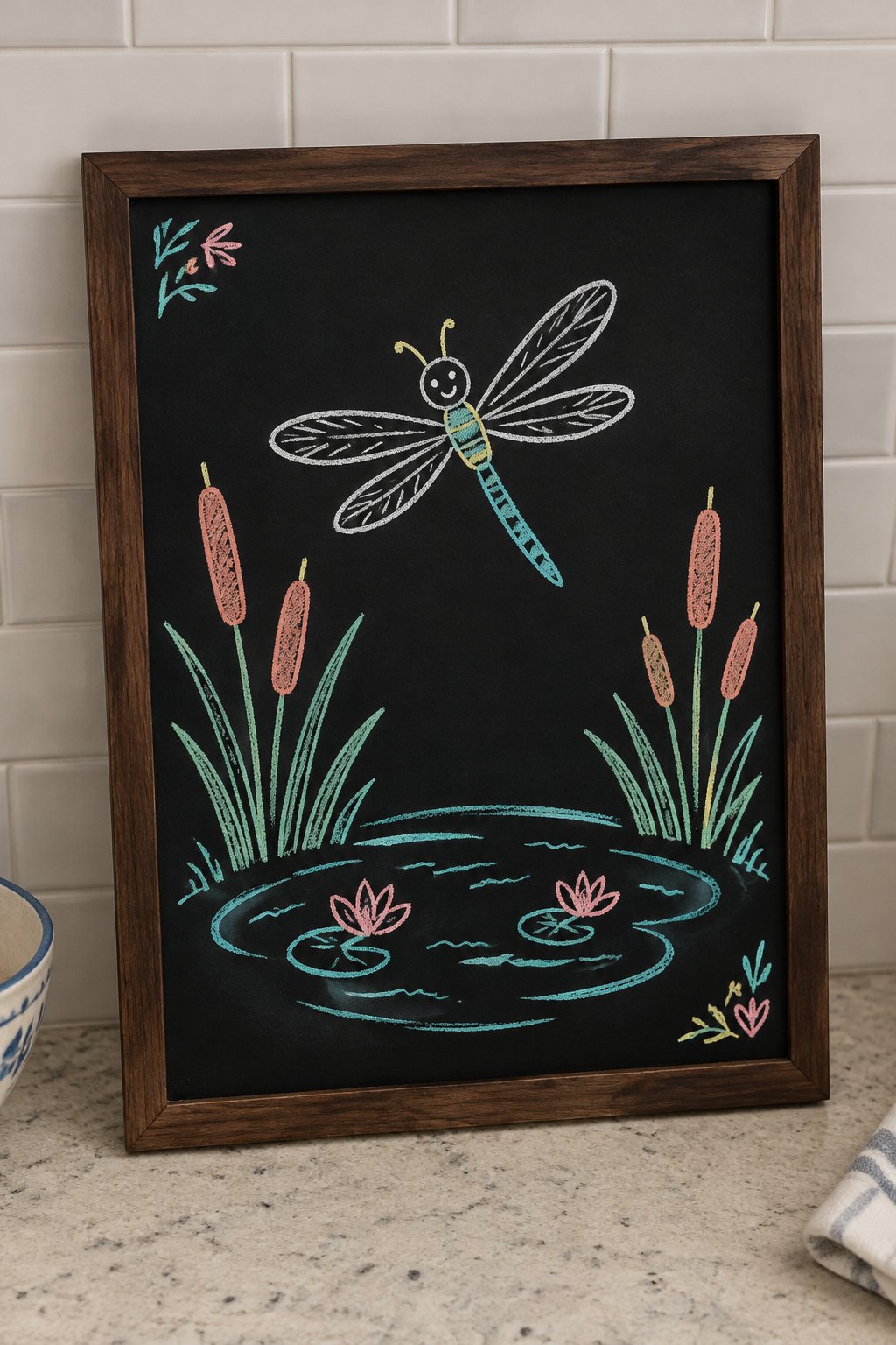 Dragonfly Dance: a hand-drawn spring chalkboard sign drawn without words, a dragonfly above a pond with cattails.