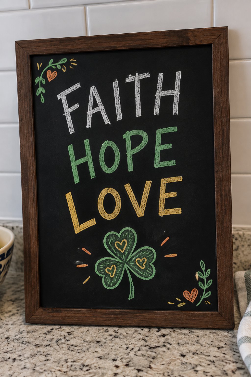 Faith Hope Love: a hand-drawn stpatricks chalkboard sign reading "FAITH HOPE LOVE".