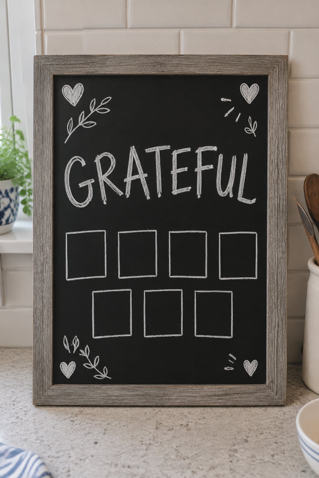 Grateful Hearts Grid: a hand-drawn winter chalkboard sign reading "GRATEFUL".
