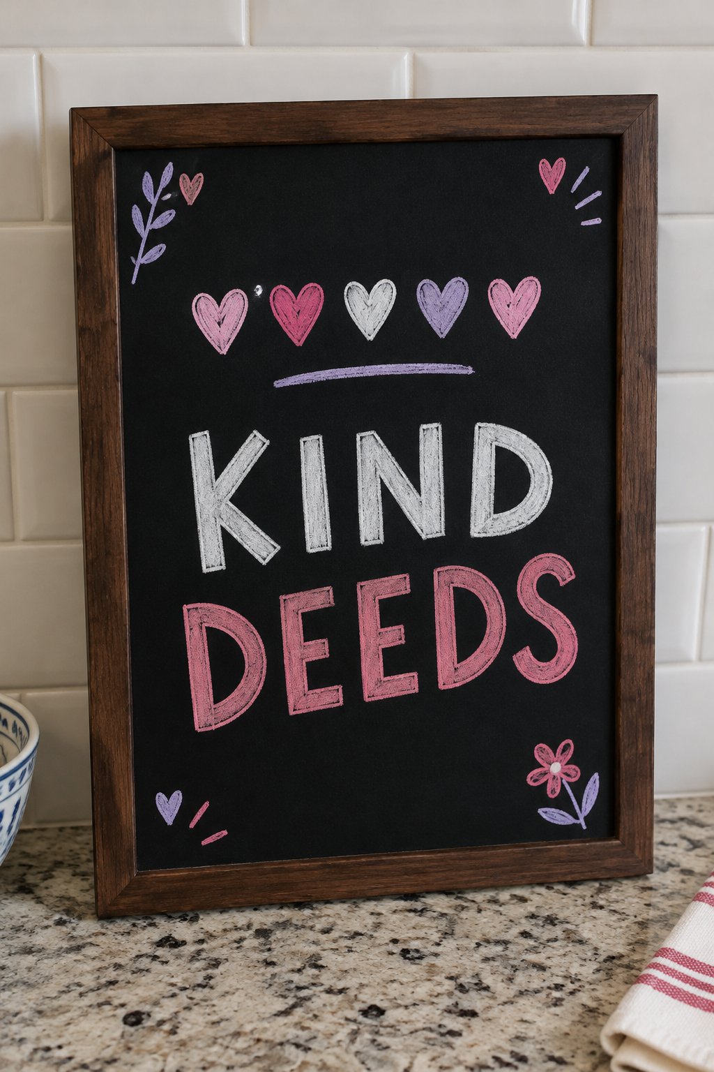 Kind Deeds Tally: a hand-drawn valentines chalkboard sign reading "KIND DEEDS".