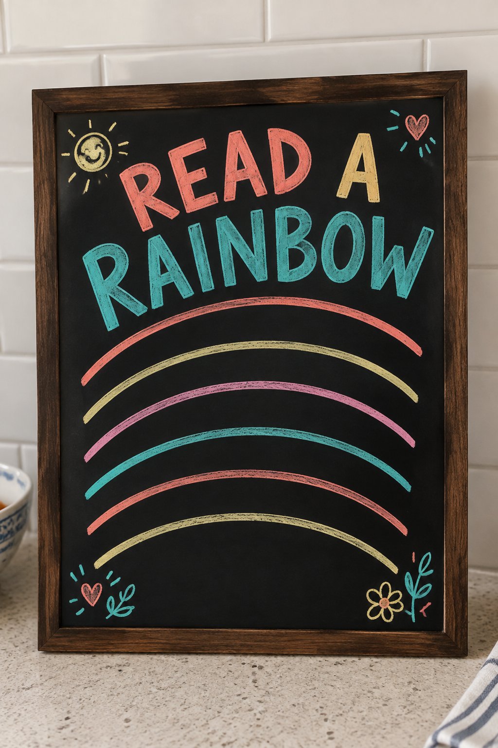 Reading Rainbow: a hand-drawn spring chalkboard sign reading "READ A RAINBOW".