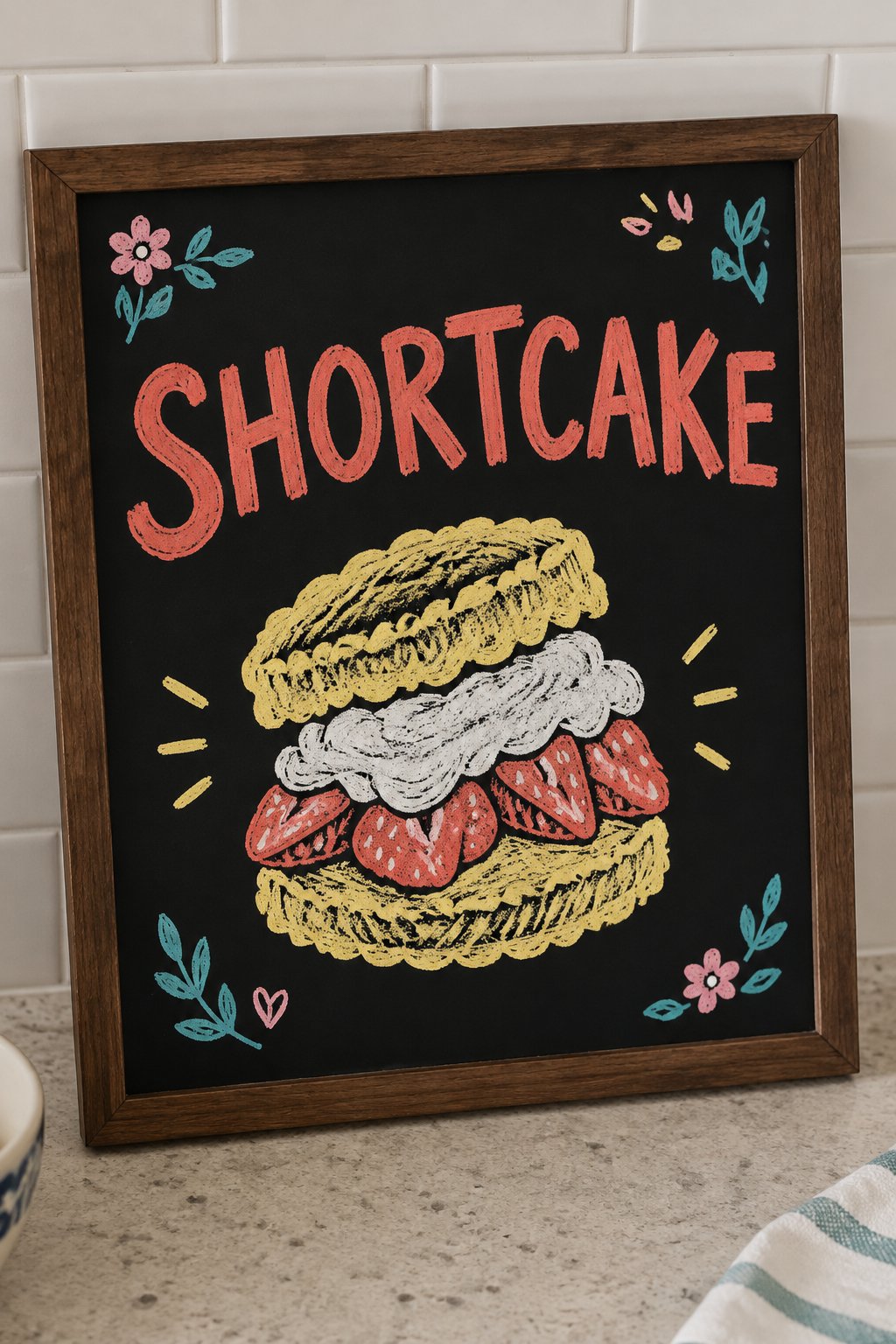 Strawberry Shortcake: a hand-drawn spring chalkboard sign reading "SHORTCAKE".