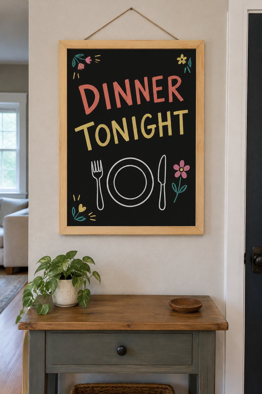 Dinner Tonight: a hand-drawn spring chalkboard sign reading "DINNER TONIGHT".