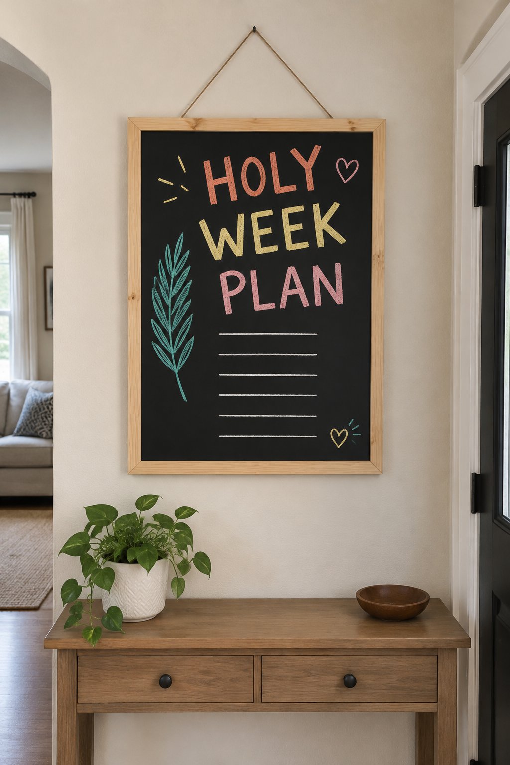 Easter Week: a hand-drawn spring chalkboard sign reading "HOLY WEEK PLAN".