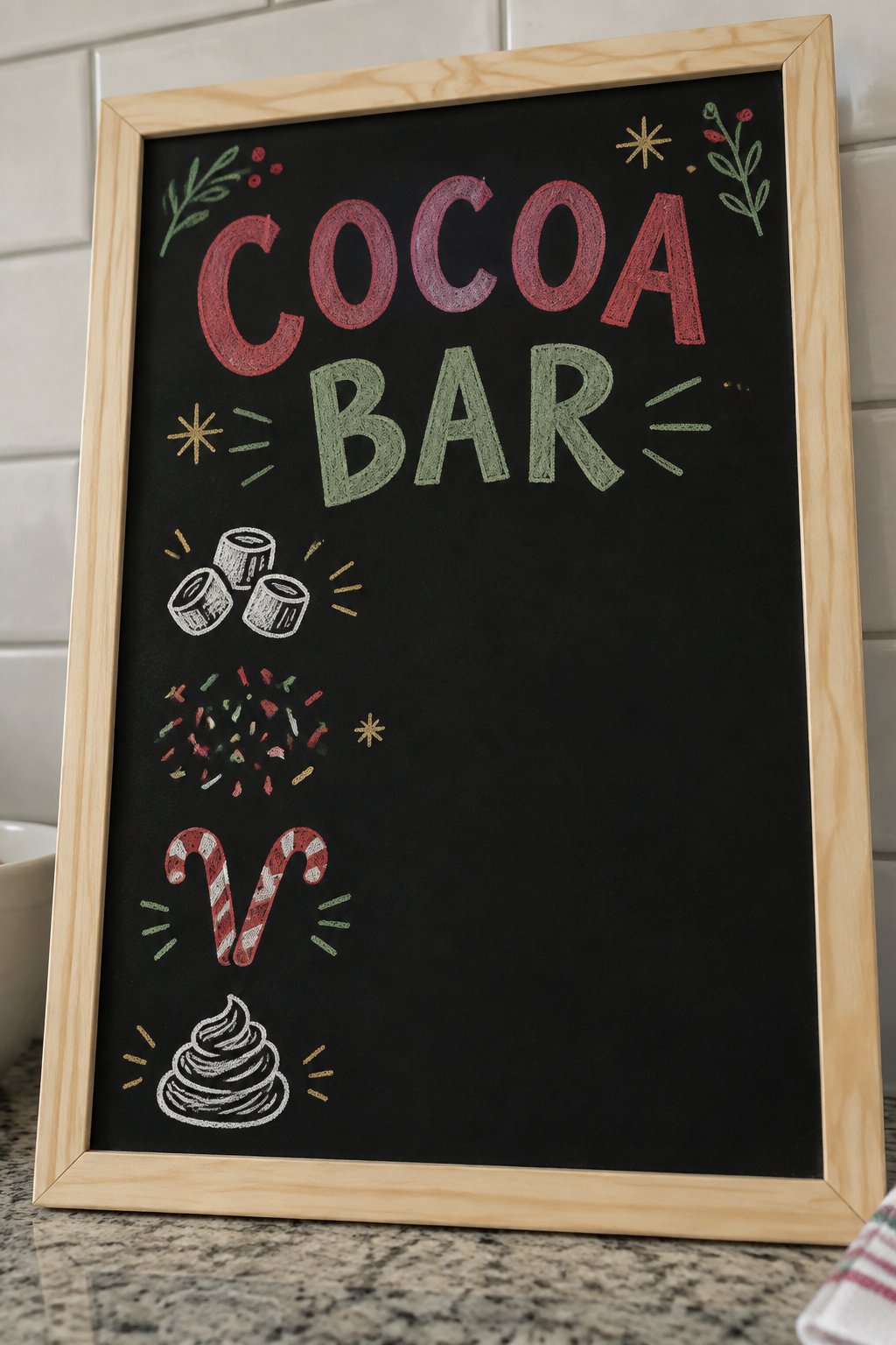 Hot Cocoa Bar Menu: a hand-drawn christmas chalkboard sign reading "COCOA BAR".