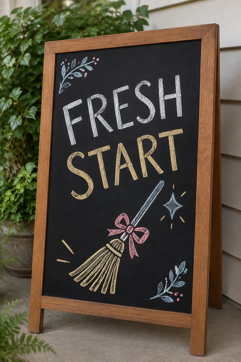 New Year Home Reset: a hand-drawn newyear chalkboard sign reading "FRESH START".