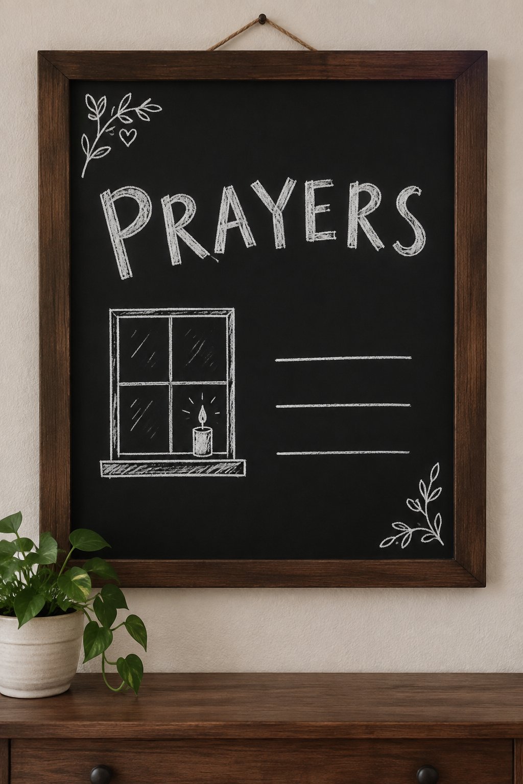 Prayer Wall: a hand-drawn winter chalkboard sign reading "PRAYERS".