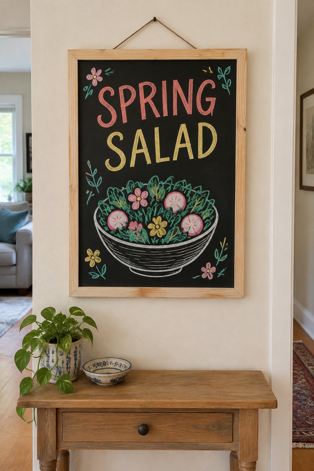 Spring Salad: a hand-drawn spring chalkboard sign reading "SPRING SALAD".