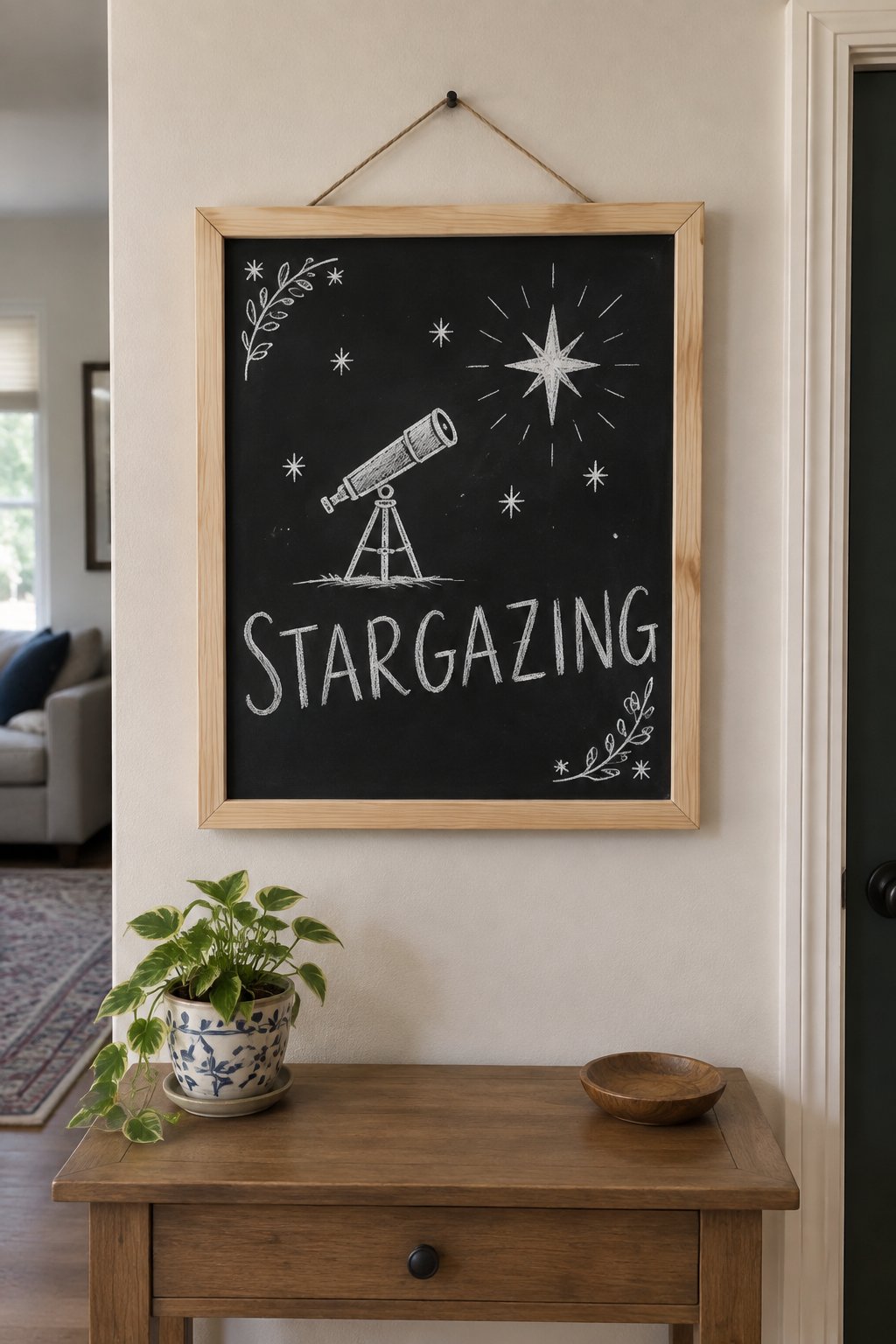Stargazing Night: a hand-drawn winter chalkboard sign reading "STARGAZING".