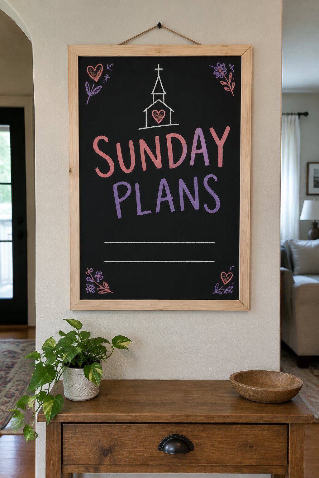 Sunday Plans: a hand-drawn valentines chalkboard sign reading "SUNDAY PLANS".