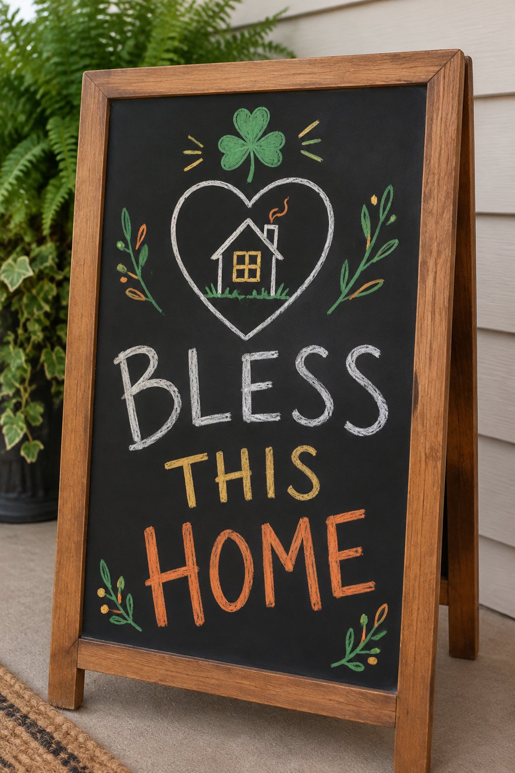 Bless This Home: a hand-drawn stpatricks chalkboard sign reading "BLESS THIS HOME".