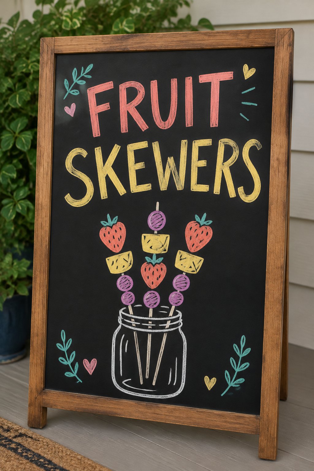 Fruit Skewers: a hand-drawn spring chalkboard sign reading "FRUIT SKEWERS".