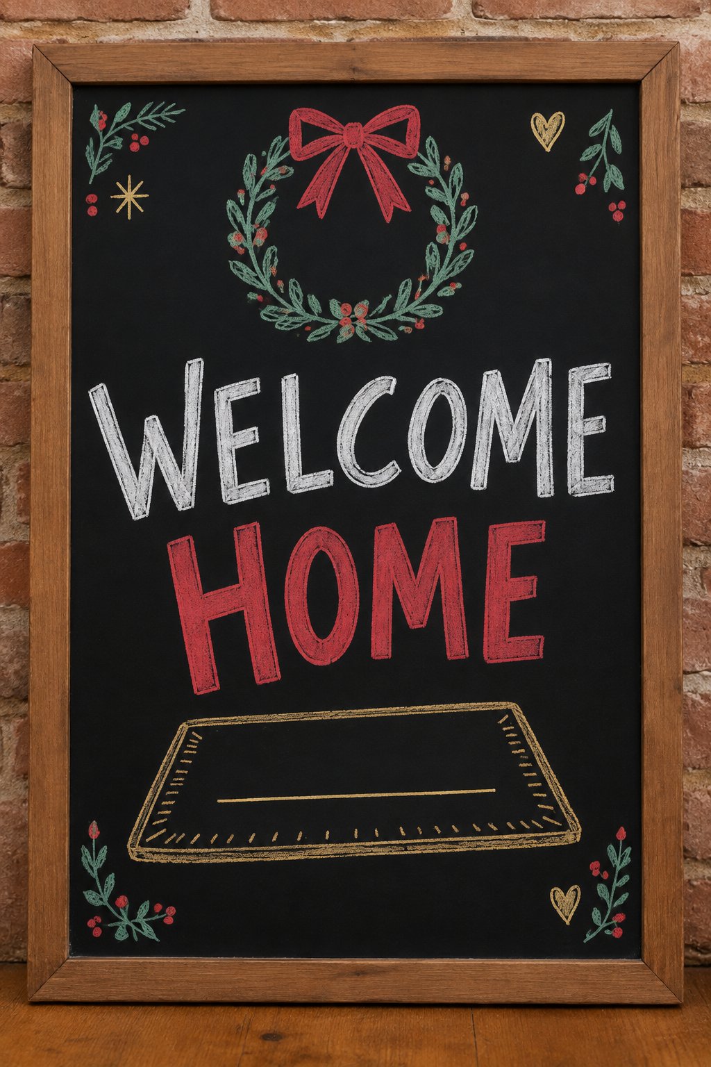 Guests Arriving: a hand-drawn christmas chalkboard sign reading "WELCOME HOME".