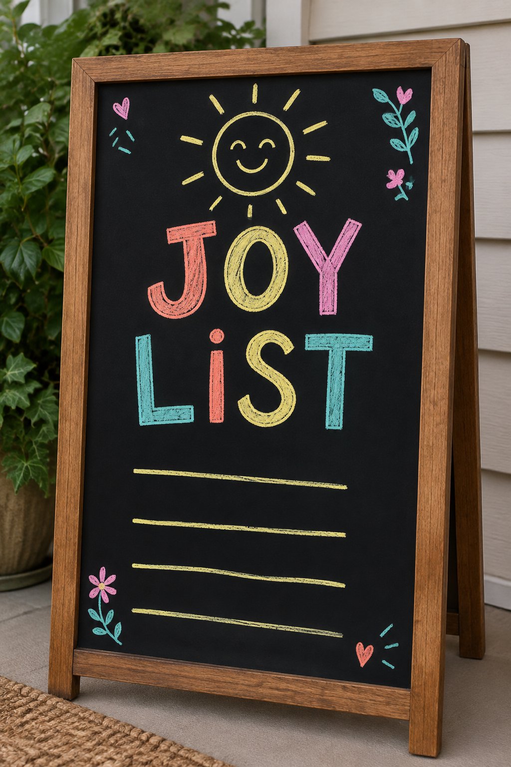 Joyful Gratitude: a hand-drawn spring chalkboard sign reading "JOY LIST".