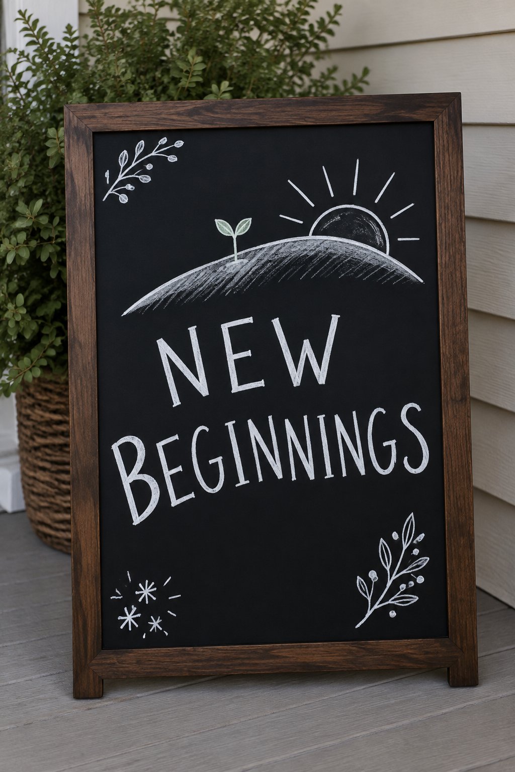 New Beginnings: a hand-drawn winter chalkboard sign reading "NEW BEGINNINGS".