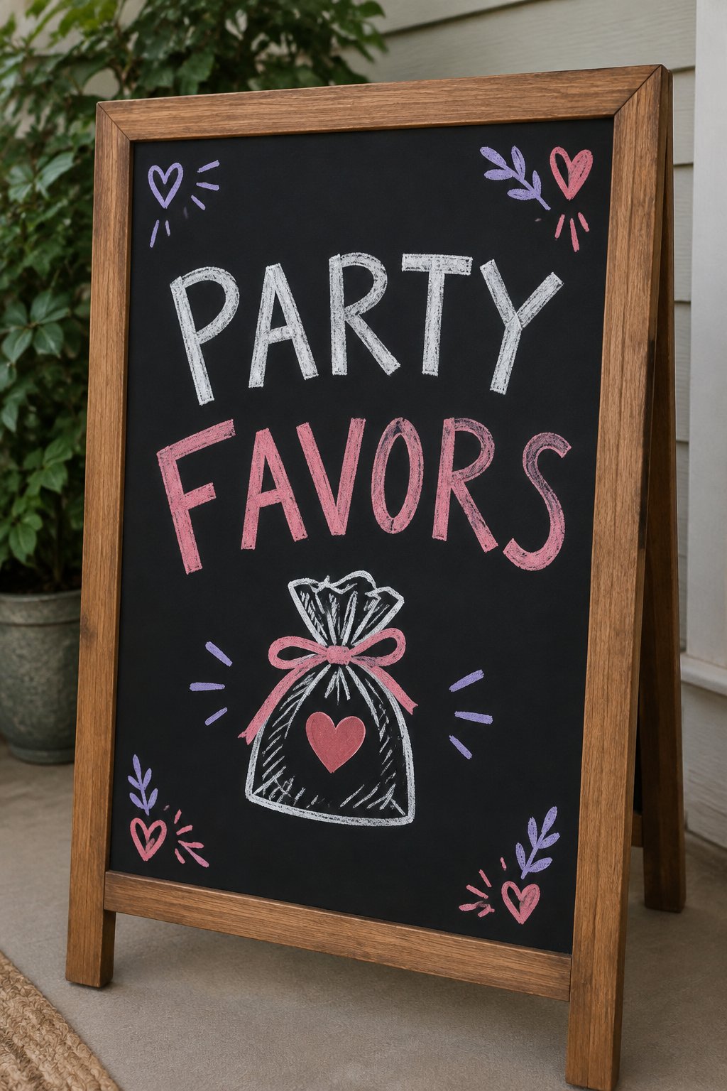 Party Favors: a hand-drawn valentines chalkboard sign reading "PARTY FAVORS".
