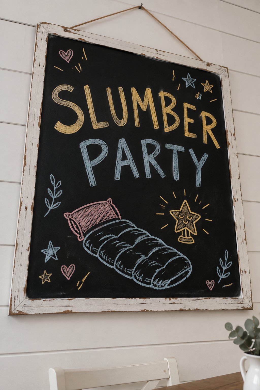 Slumber Party: a hand-drawn newyear chalkboard sign reading "SLUMBER PARTY".