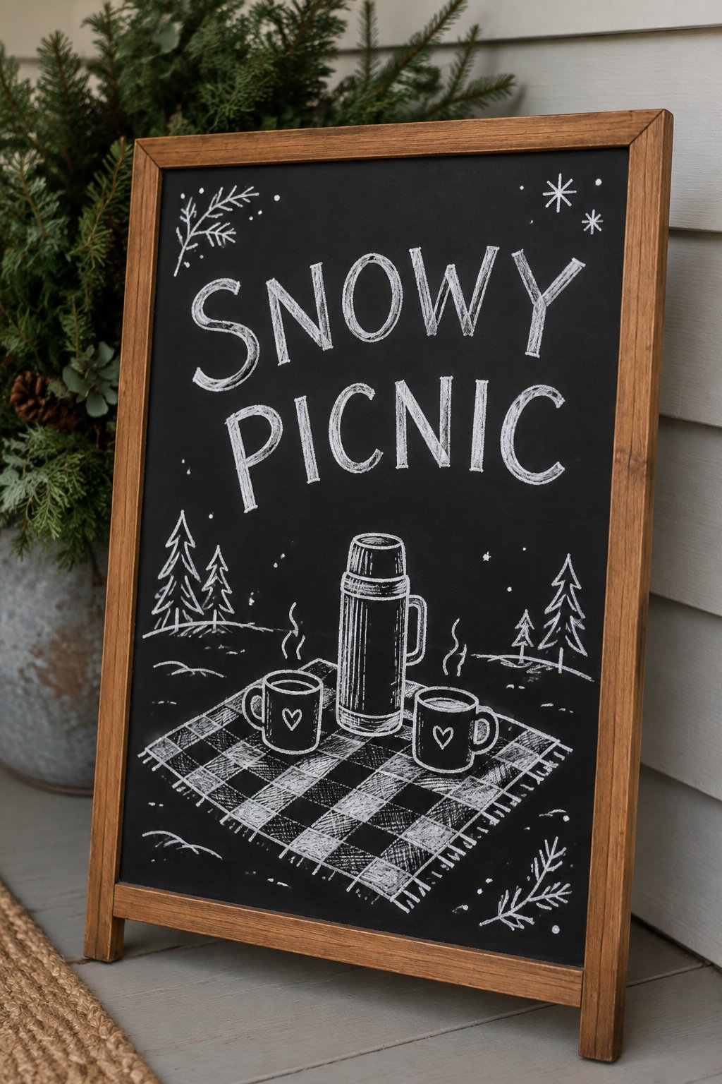 Snowy Picnic: a hand-drawn winter chalkboard sign reading "SNOWY PICNIC".