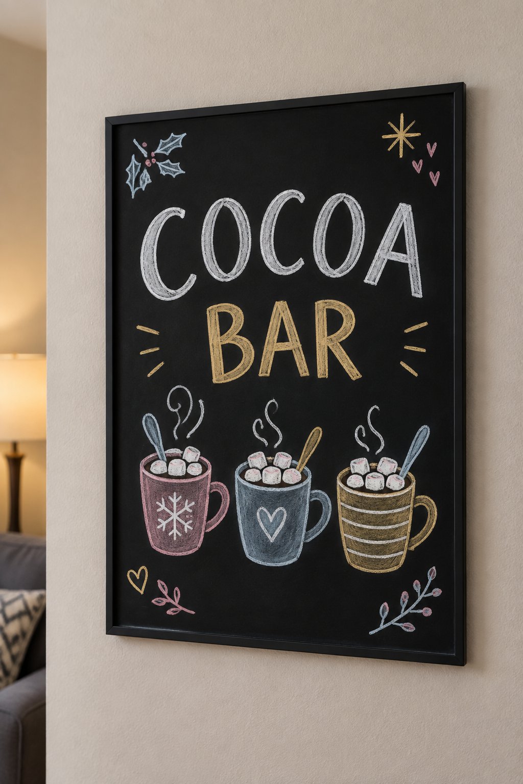 Cocoa Bar: a hand-drawn newyear chalkboard sign reading "COCOA BAR".