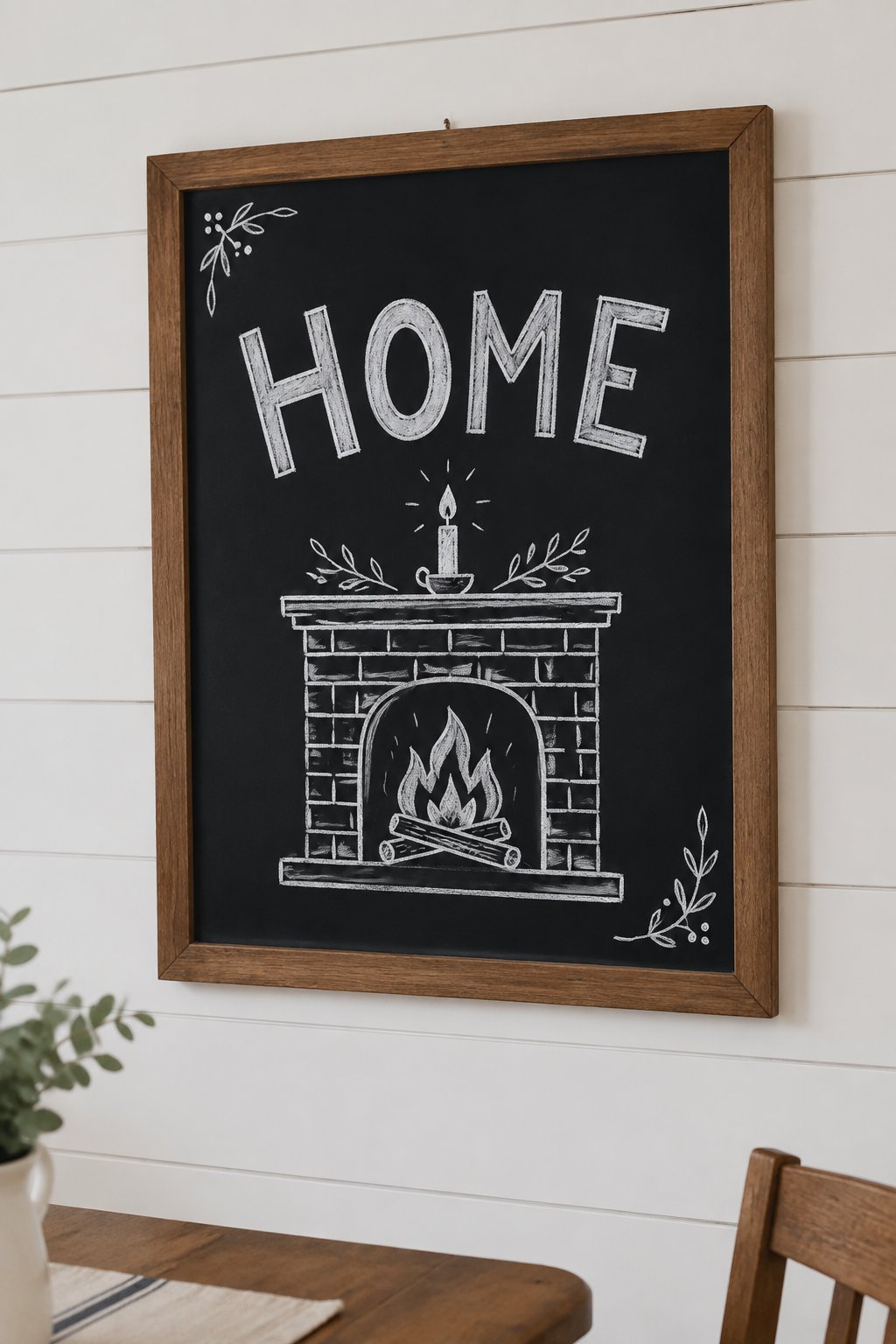 Cozy Fireplace: a hand-drawn winter chalkboard sign reading "HOME".