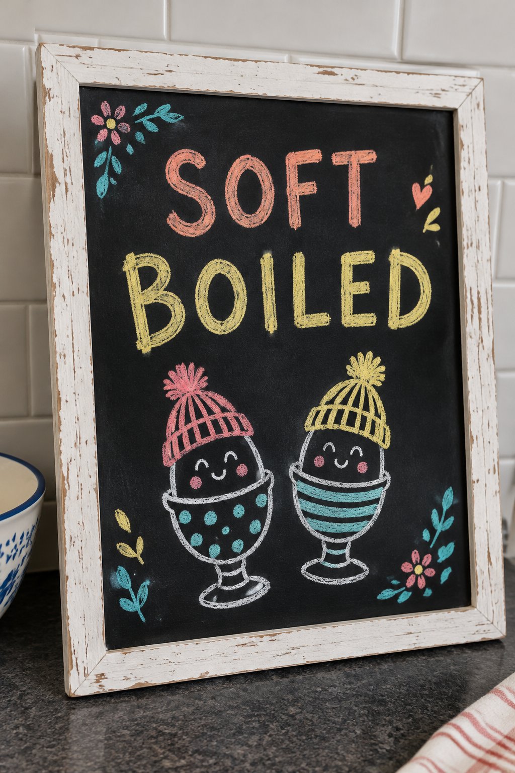 Egg Cups: a hand-drawn spring chalkboard sign reading "SOFT BOILED".