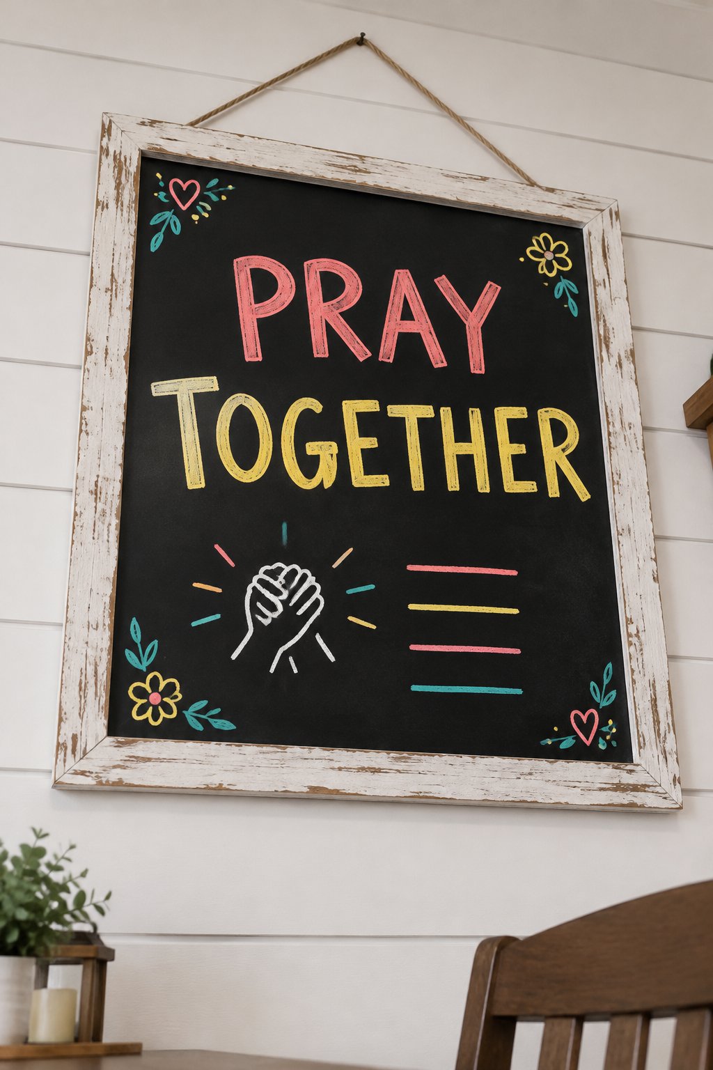 Family Prayer Time: a hand-drawn spring chalkboard sign reading "PRAY TOGETHER".