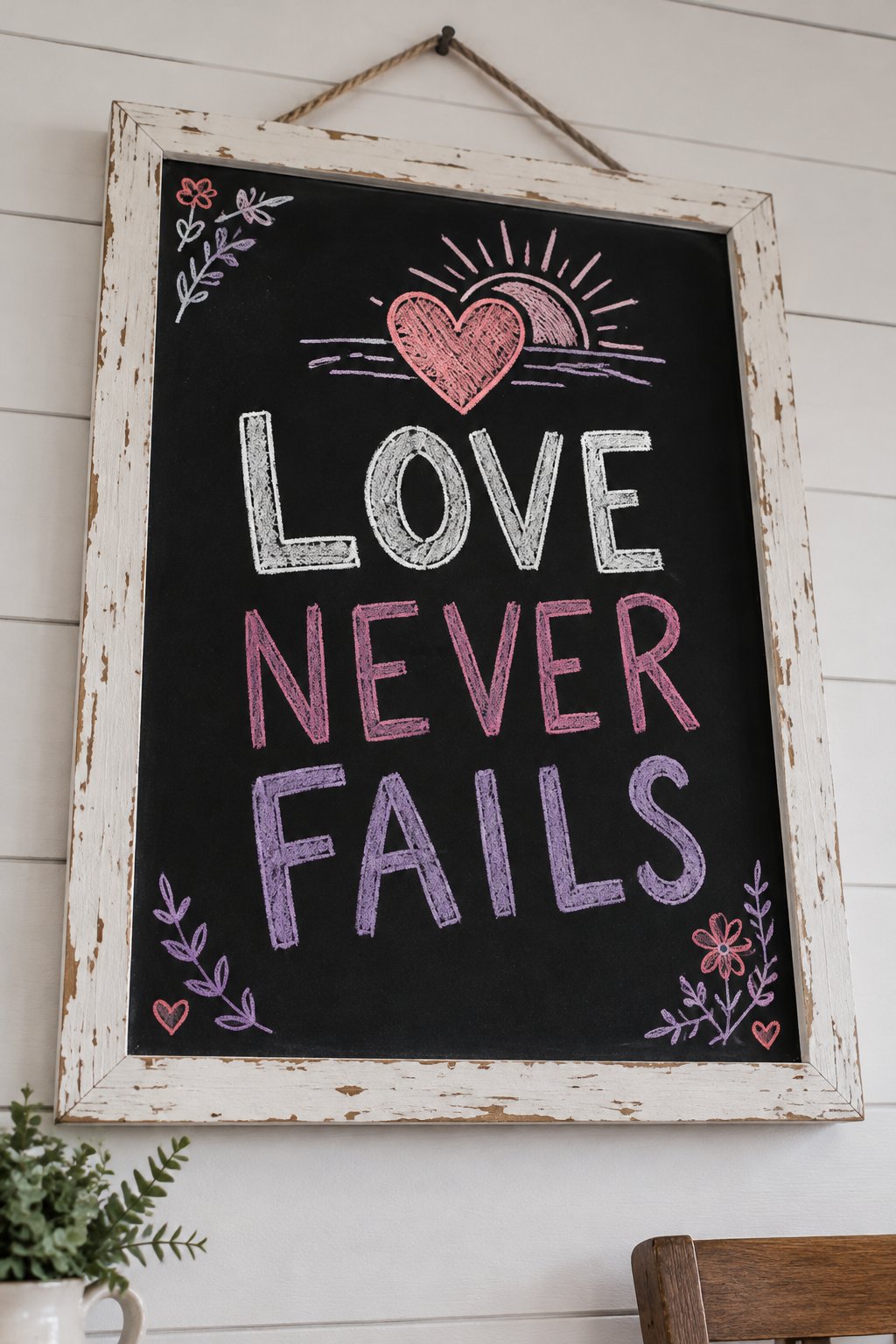 Love Never Fails: a hand-drawn valentines chalkboard sign reading "LOVE NEVER FAILS".
