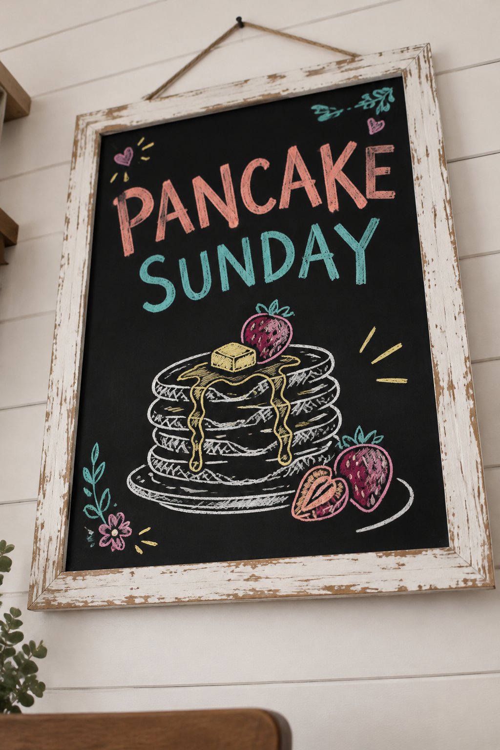 Pancake Sunday: a hand-drawn spring chalkboard sign reading "PANCAKE SUNDAY".