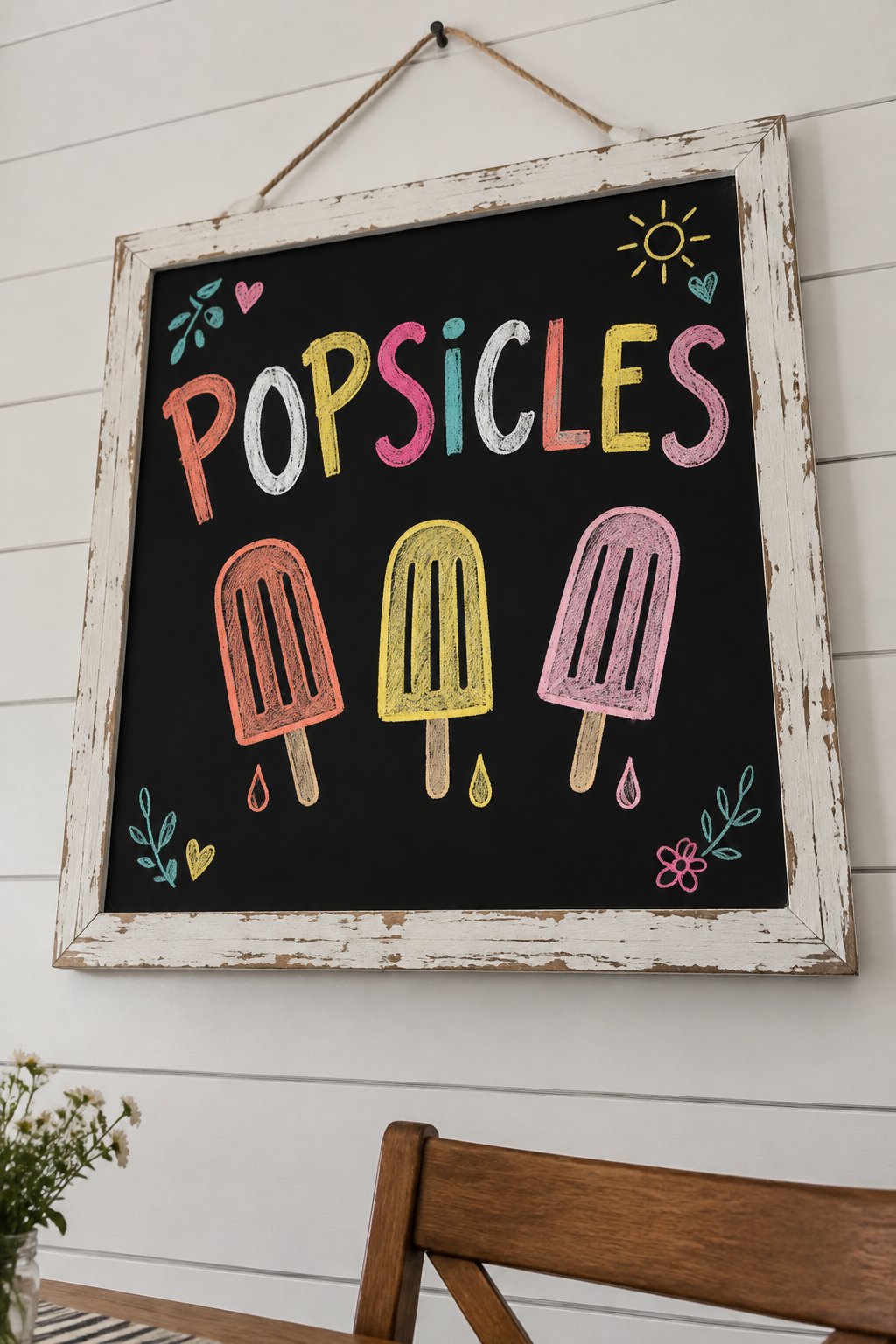 Popsicles: a hand-drawn spring chalkboard sign reading "POPSICLES".