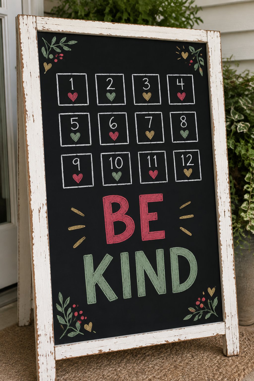 Random Acts of Kindness: a hand-drawn christmas chalkboard sign reading "BE KIND".