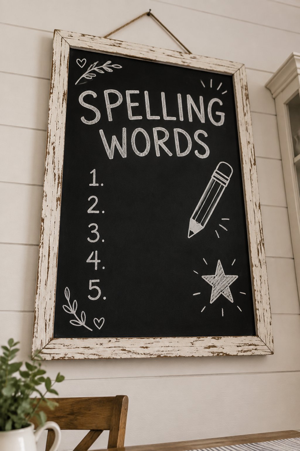 Spelling Words: a hand-drawn winter chalkboard sign reading "SPELLING WORDS".