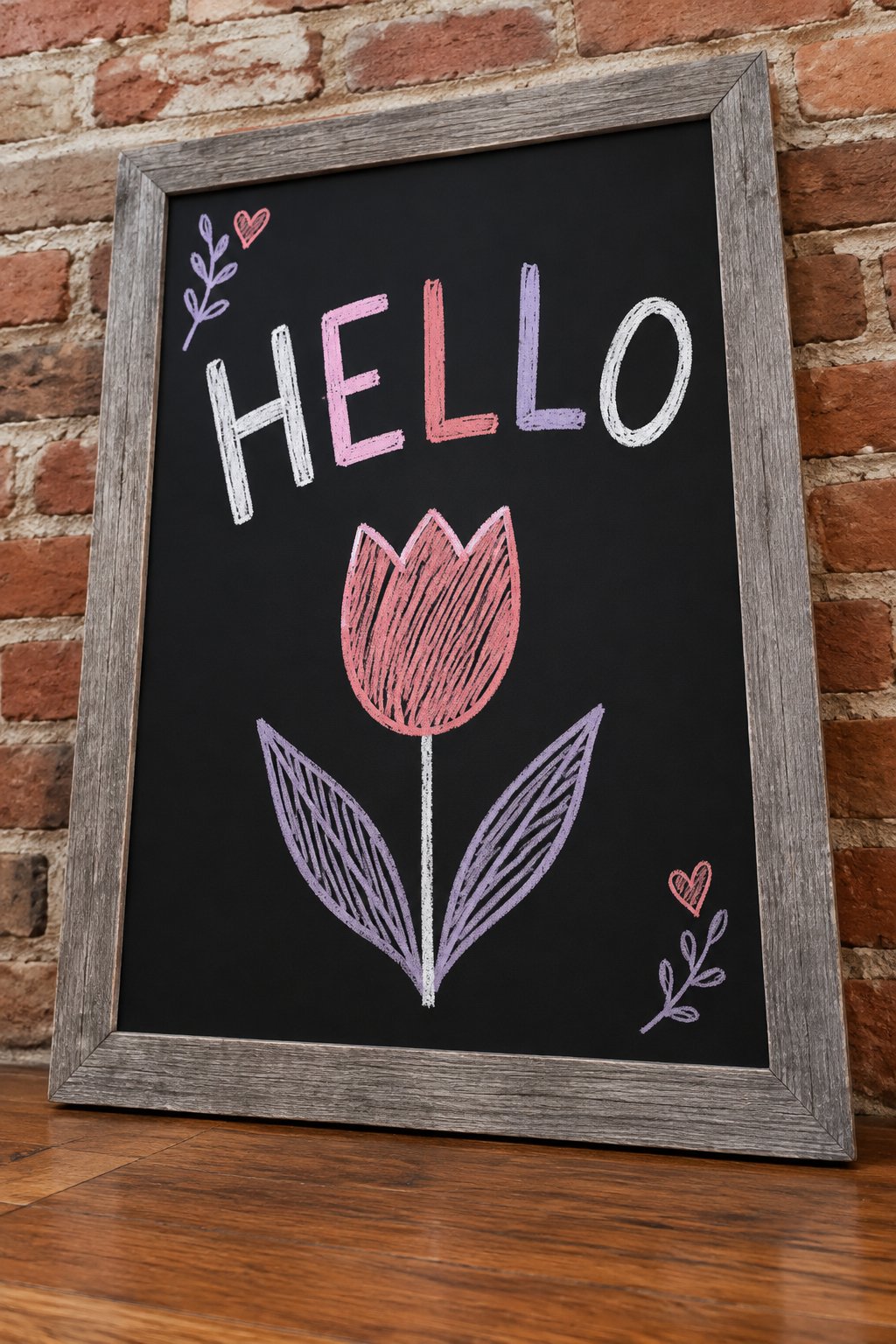 Big Tulip: a hand-drawn valentines chalkboard sign reading "HELLO".