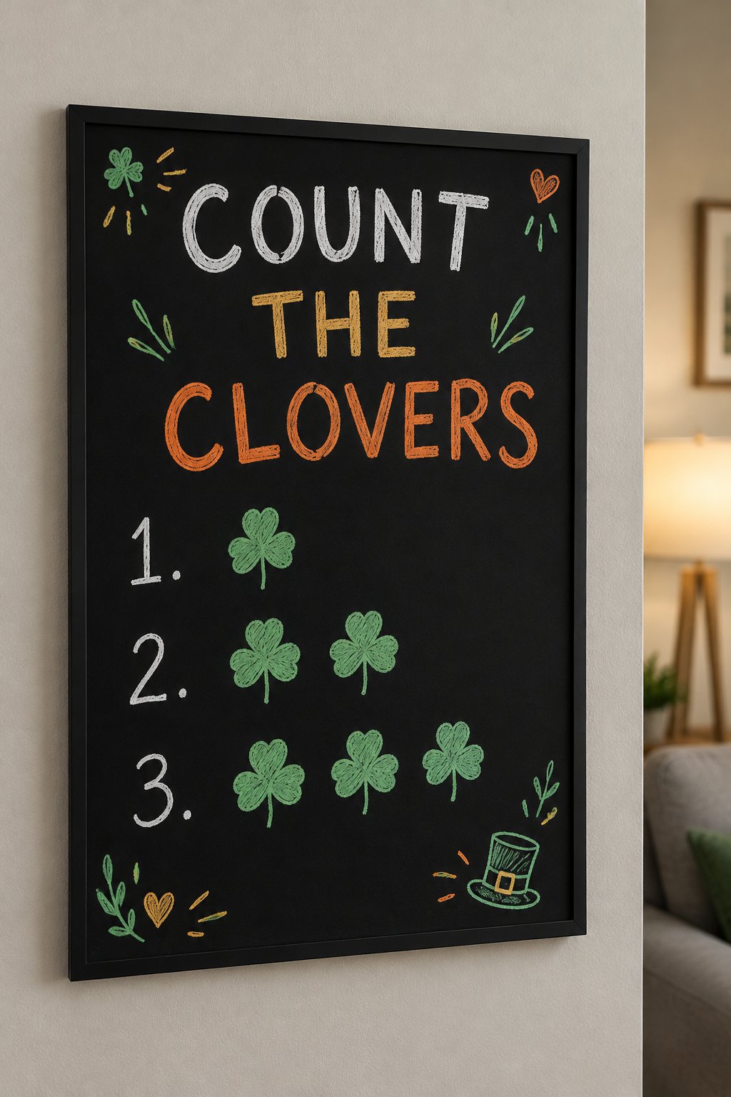 Counting Clovers: a hand-drawn stpatricks chalkboard sign reading "COUNT THE CLOVERS".