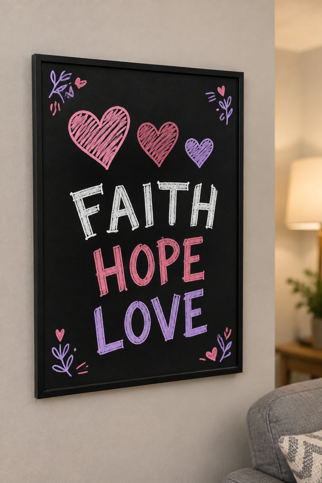 Faith Hope Love: a hand-drawn valentines chalkboard sign reading "FAITH HOPE LOVE".