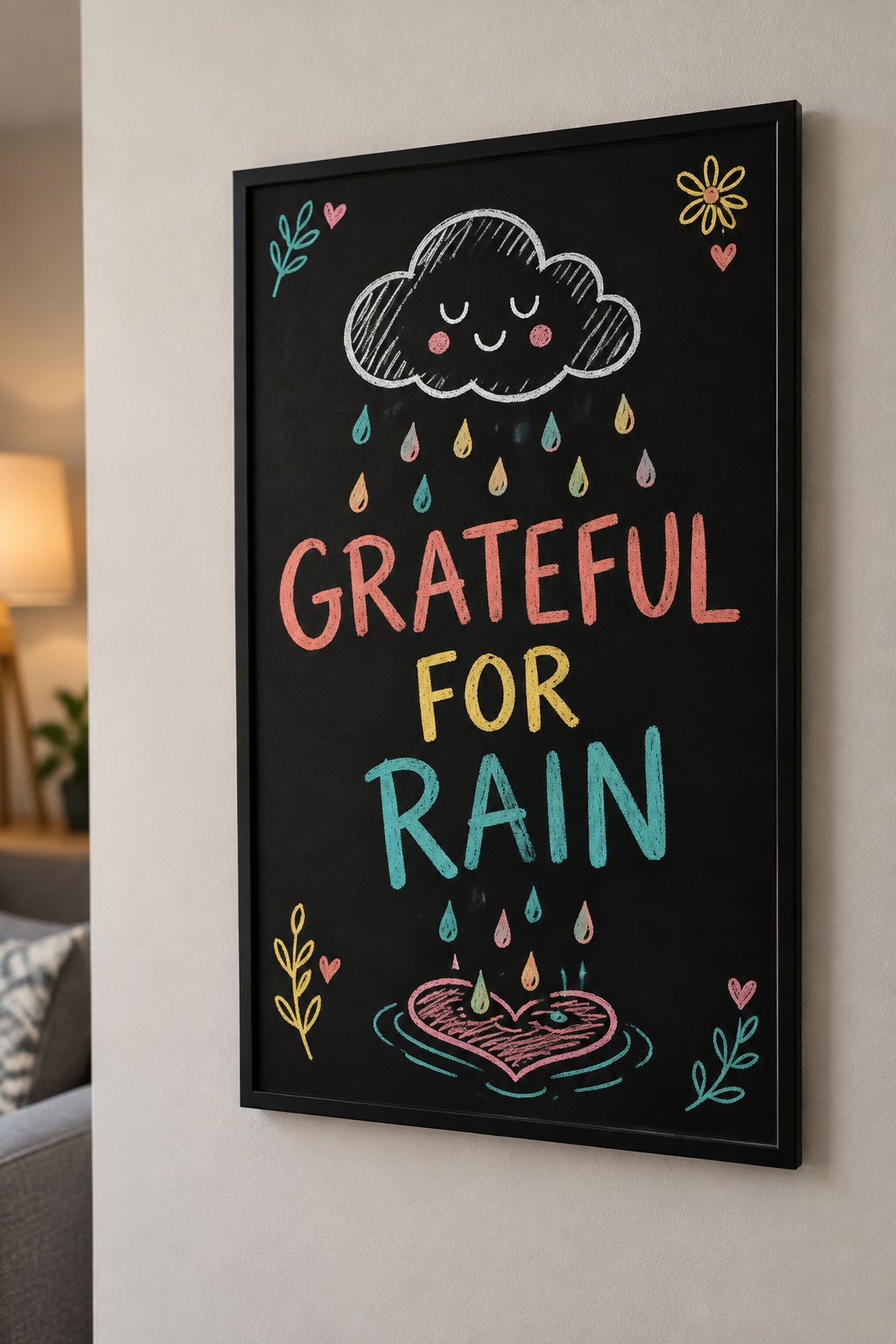 Grateful for Rain: a hand-drawn spring chalkboard sign reading "GRATEFUL FOR RAIN".