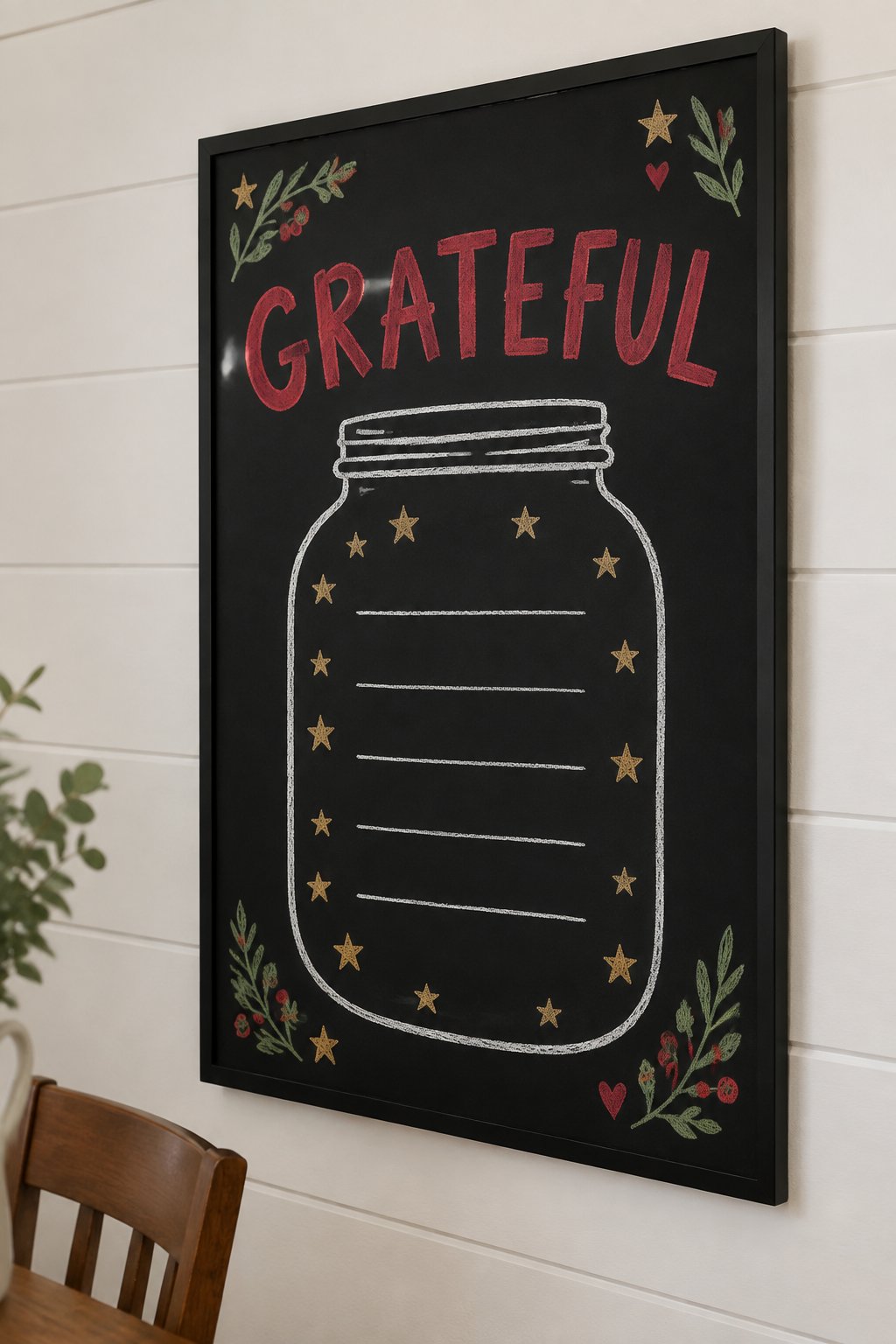 Gratitude Countdown: a hand-drawn christmas chalkboard sign reading "GRATEFUL".