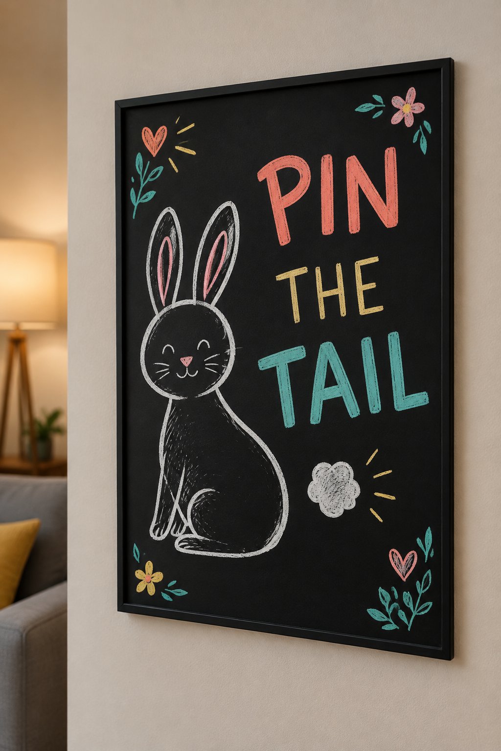 Pin the Tail: a hand-drawn spring chalkboard sign reading "PIN THE TAIL".